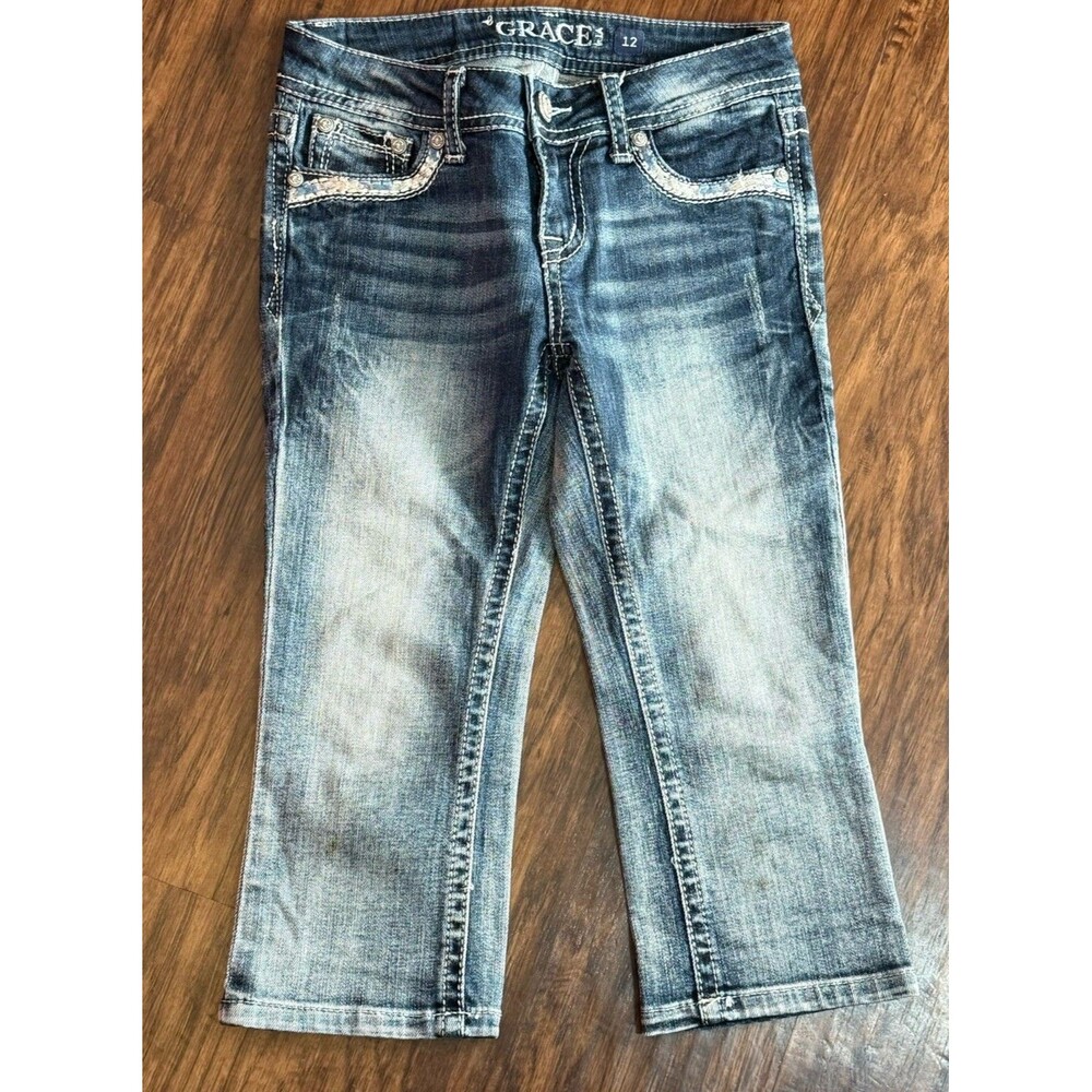 Grace In LA Girls Jeans Size 12 Capri Embellished Rhinestones - Picture 2 of 6